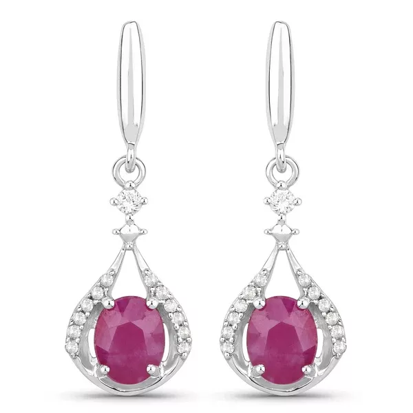 0.70 ct Genuine Ruby and White Diamond 14K White Gold Earrings