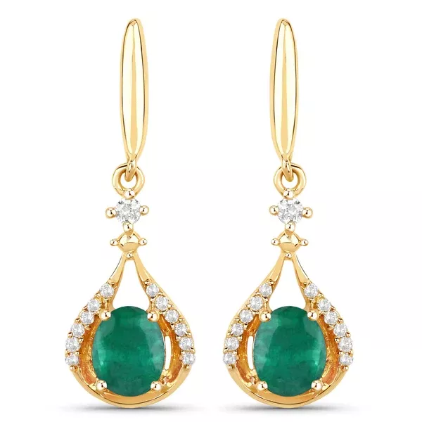 0.70 ct Genuine Zambian Emerald and White Diamond 14K Yellow Gold Earrings