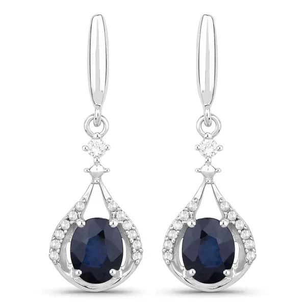 0.86 Carat Genuine Blue Sapphire and White Diamond 14K White Gold Earrings