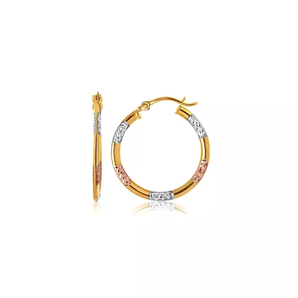 10k Tri-Color Gold Classic Hoop Earrings with Diamond Cut Details