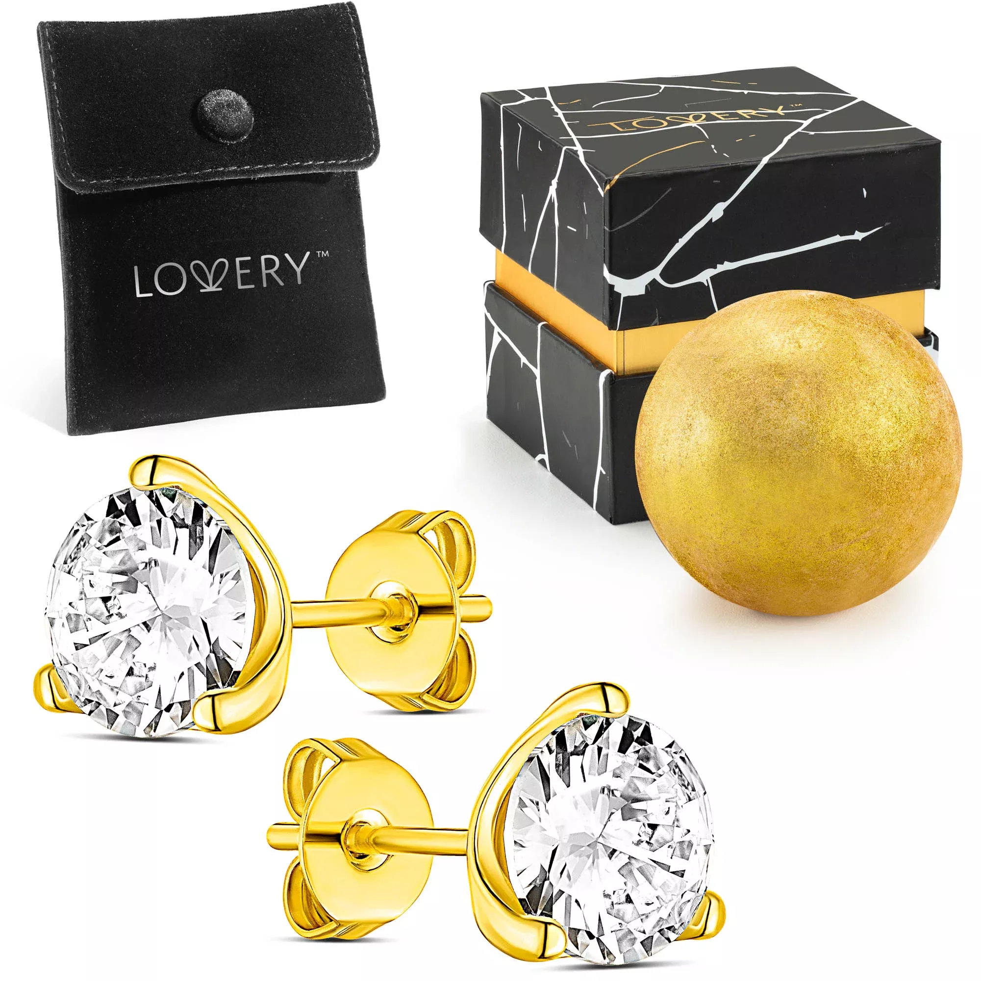 14K Gold Plated 3 Prong Solitaire Earring with Pouch, Bath Bomb & Gift Box for Valentine's Day