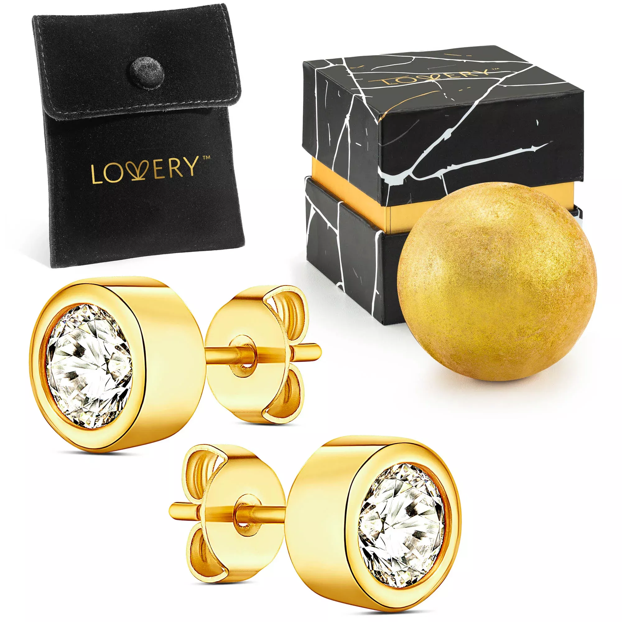 14K Gold Plated Bezel Synthetic Diamond Earring with Pouch, Bath Bomb & Gift Box for Valentine's Day