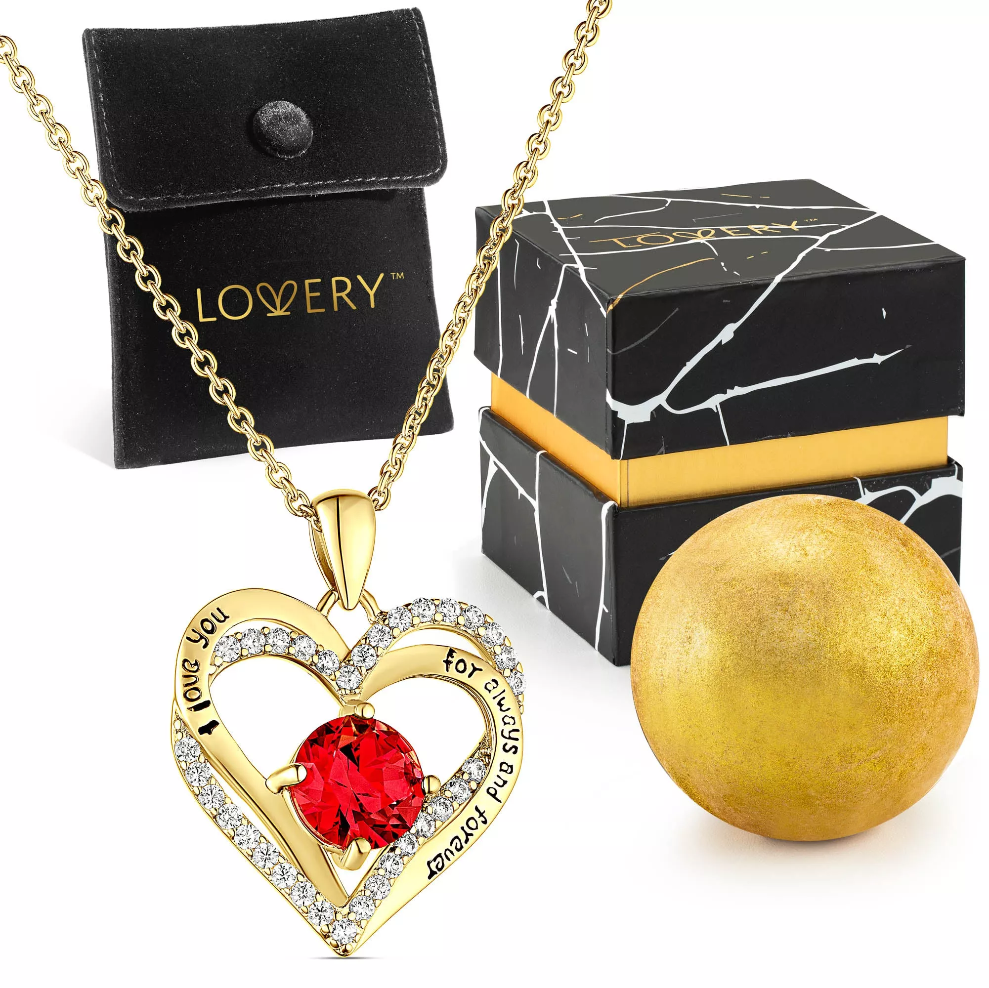 14K Gold Plated Double Heart Ruby & CZ Pendant & Necklace with Pouch, Bath Bomb & Gift Box for Valentine's Day