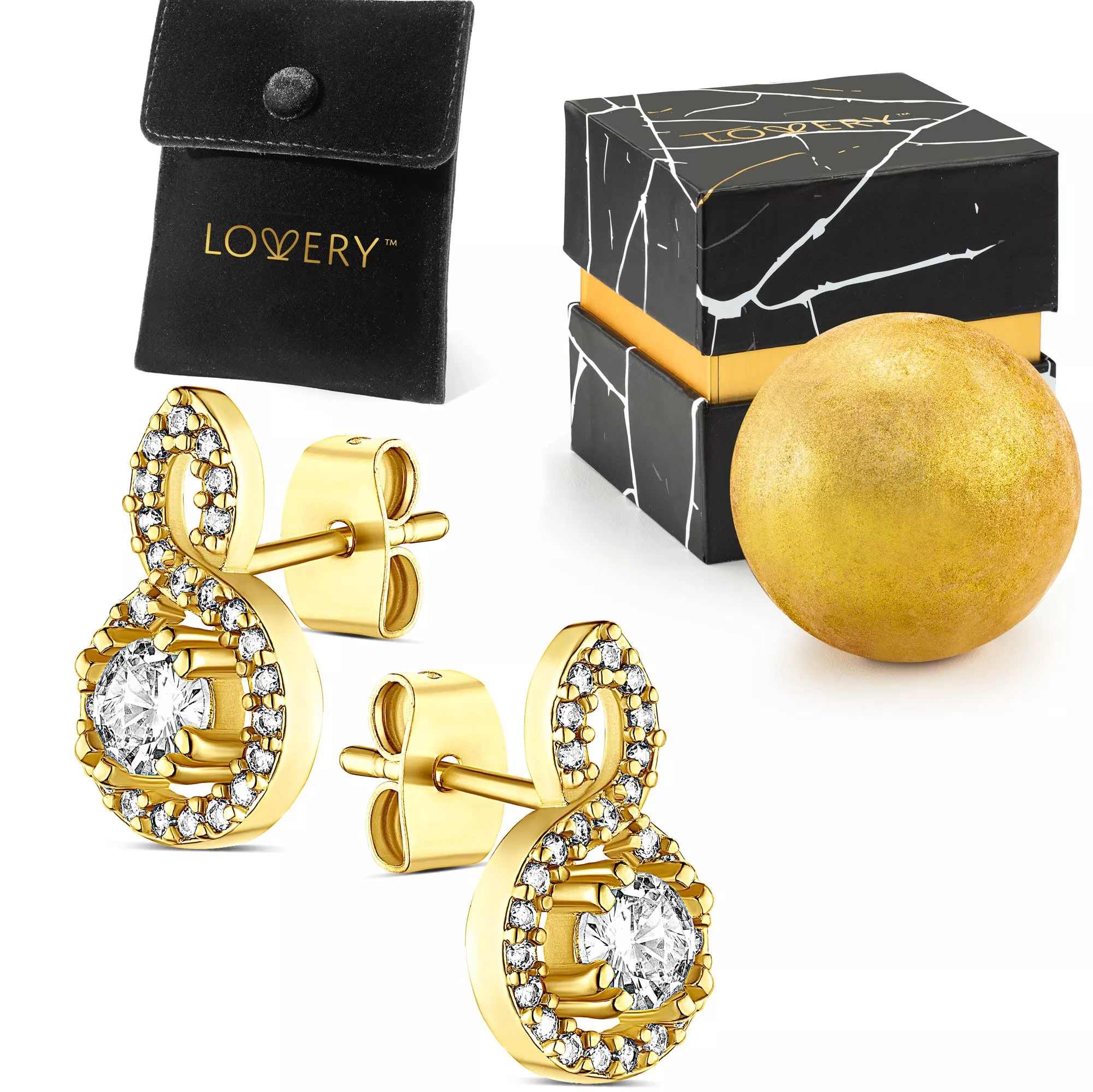 14K Gold Plated Earring with CZ Stones, Pouch, Bath Bomb & Gift Box for Valentine's Day