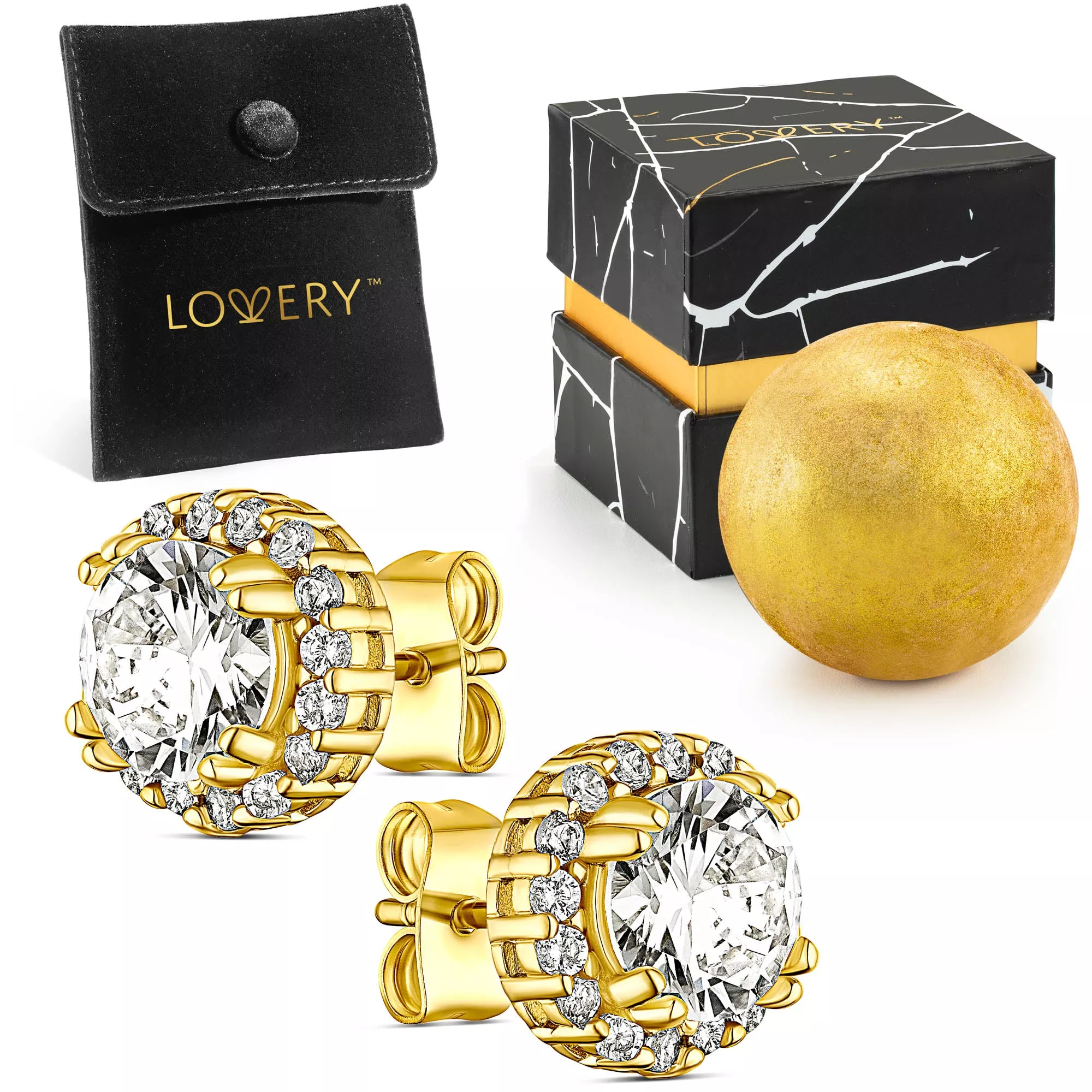 14K Gold Plated Halo CZ Stud Earring with Pouch, Bath Bomb & Gift Box for Valentine's Day