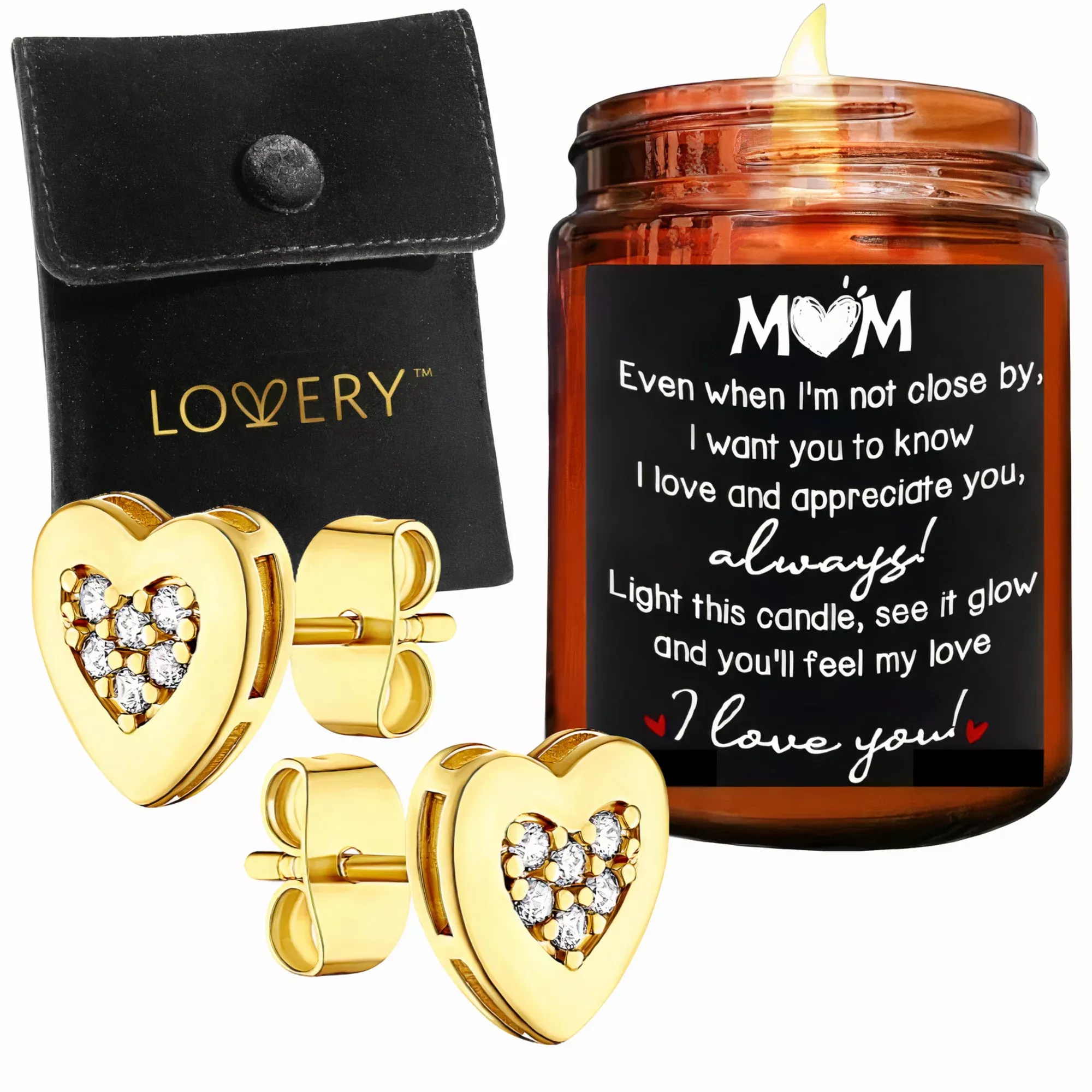 14K Gold Plated Heart Earring with Pouch & MOM Love Candle