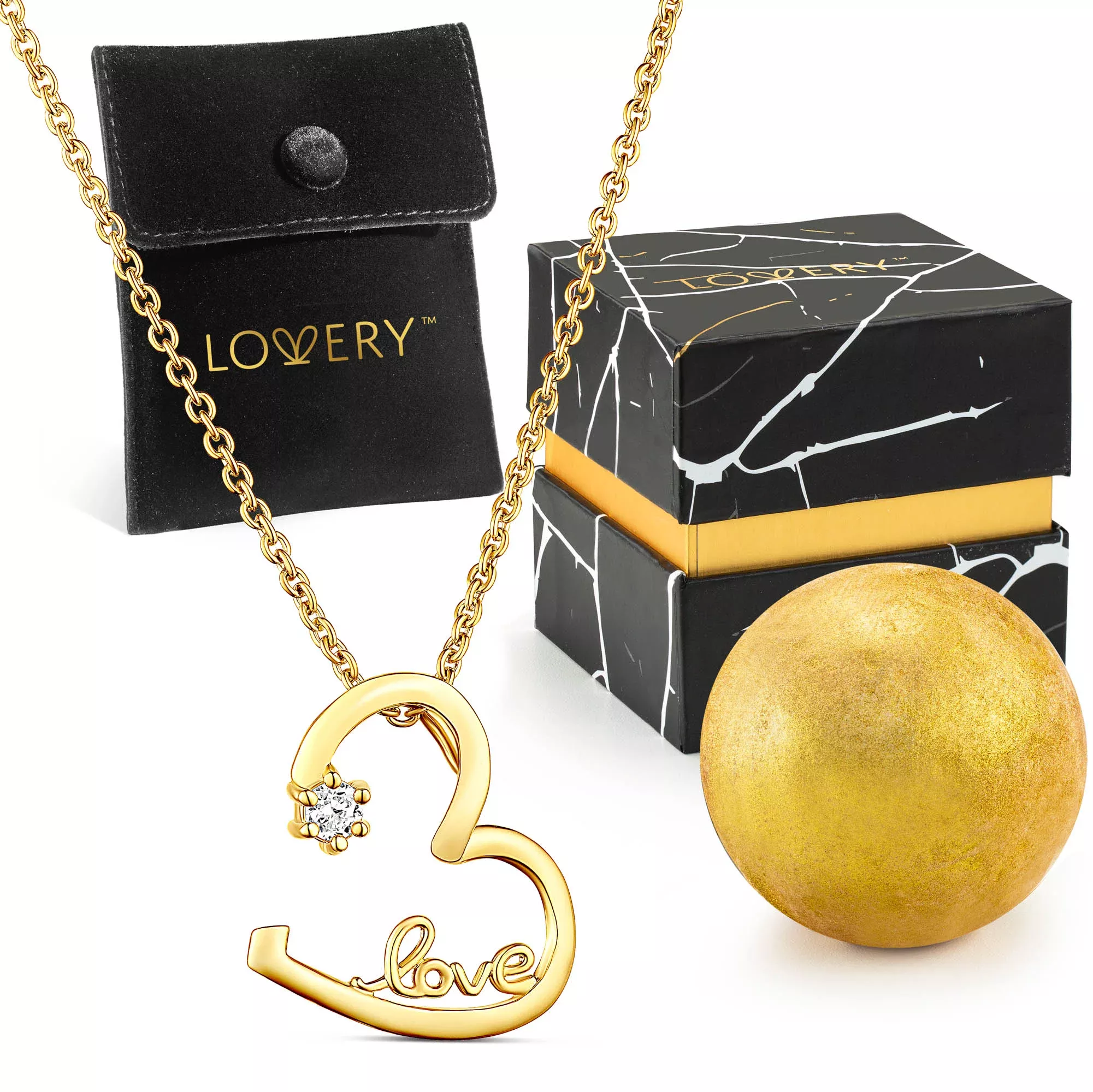 14K Gold Plated Open Heart Cz Stone Pendant Love Necklace with Pouch, Bath Bomb & Gift Box for Valentine's Day
