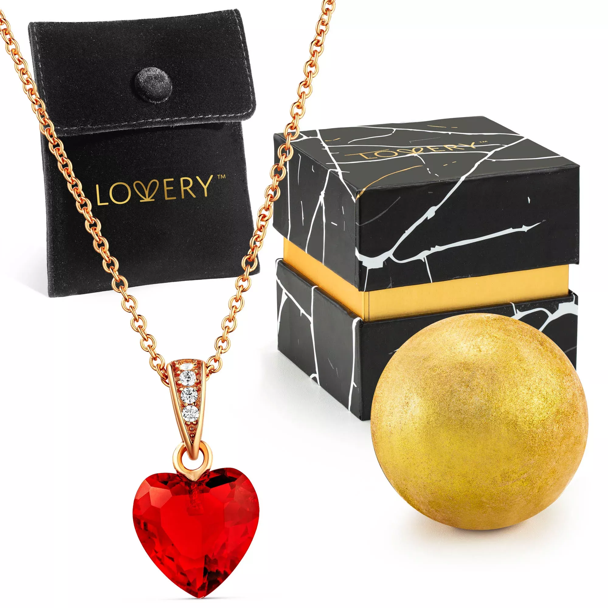 14K Gold Plated Ruby Stone Heart Pendant & Necklace Chain with Pouch, Bath Bomb & Gift Box for Valentine's Day