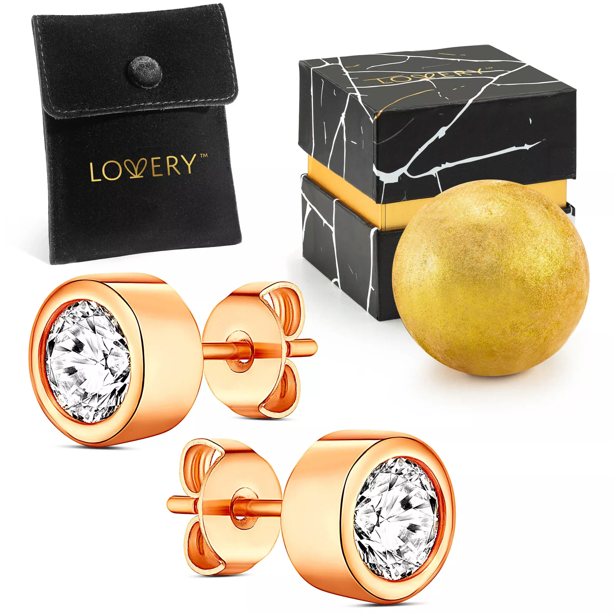 14K Rose Gold Plated Bezel Synthetic Diamond Earring with Pouch, Bath Bomb & Gift Box for Valentine's Day