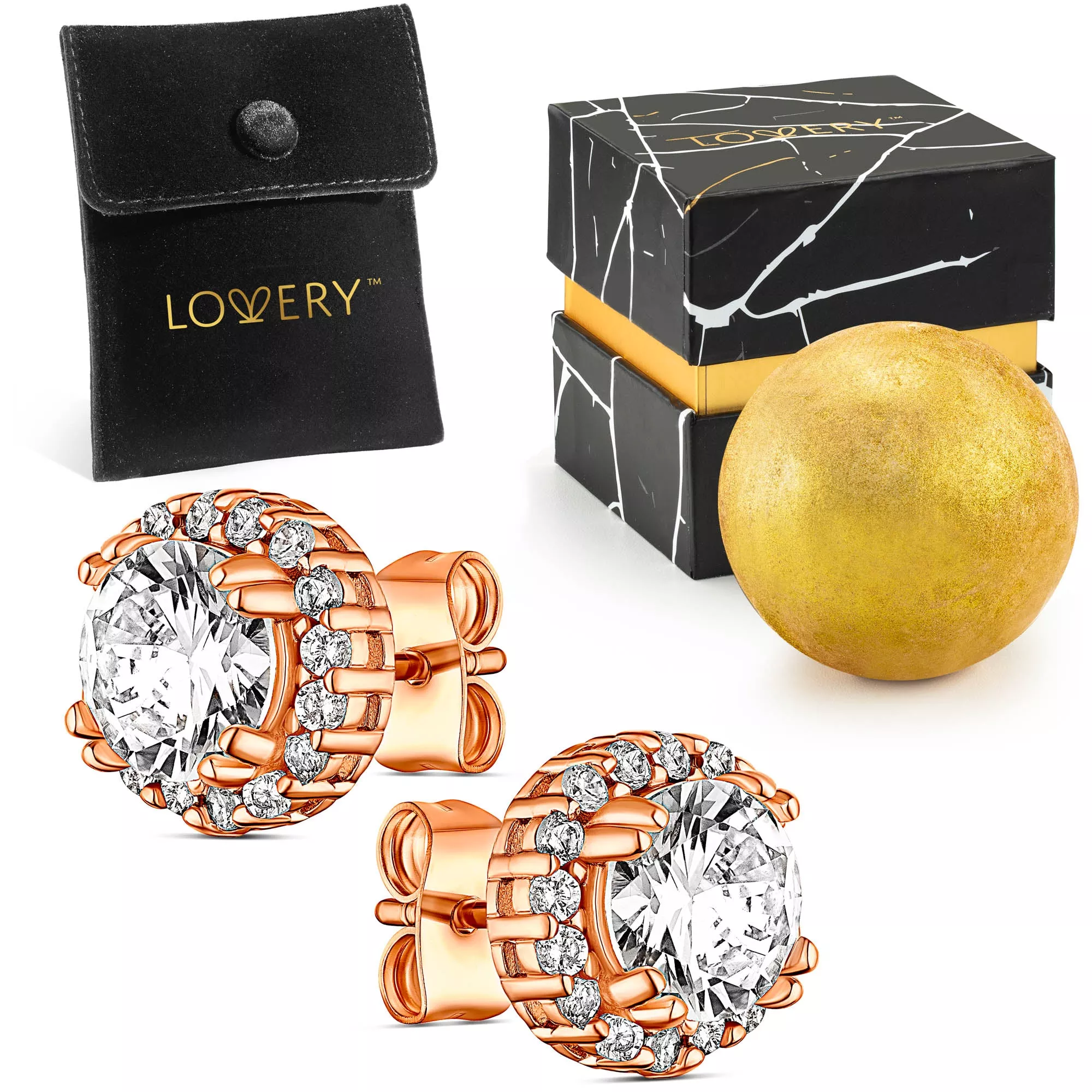 14K Rose Gold Plated Halo CZ Stud Earring with Pouch, Bath Bomb & Gift Box for Valentine's Day