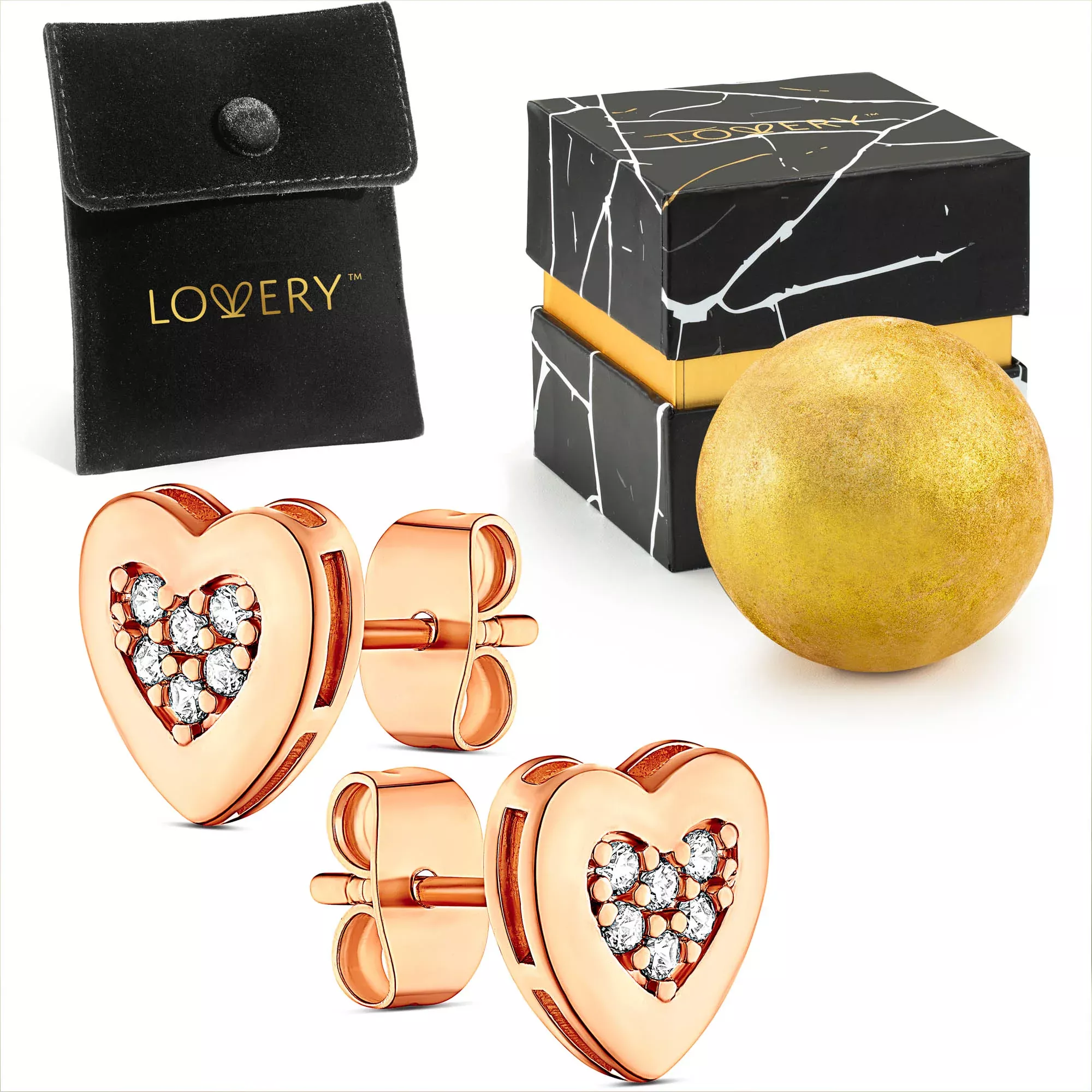 14K Rose Gold Plated Heart Earring with CZ Stones, Pouch, Bath Bomb & Gift Box for Valentine's Day