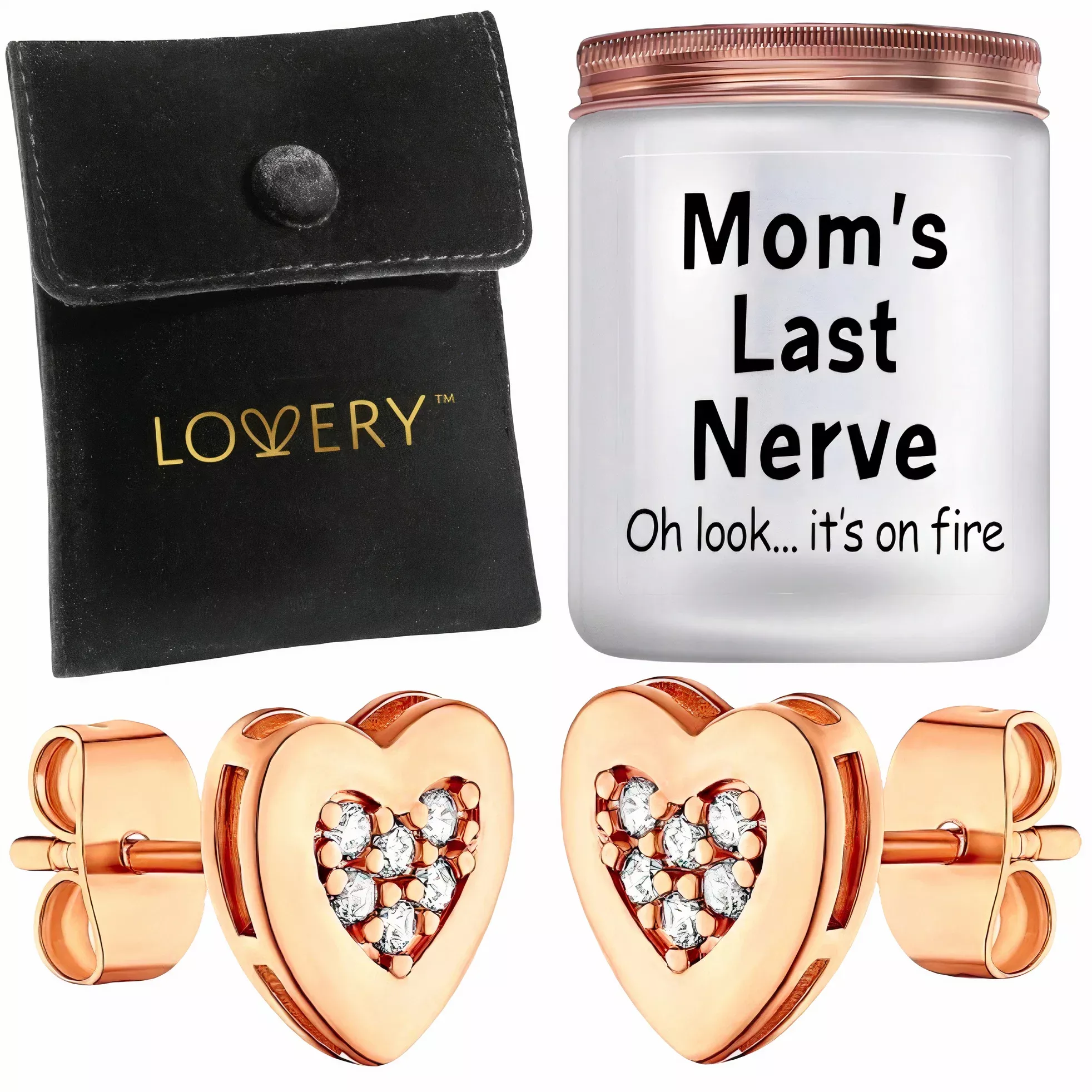 14K Rose Gold Plated Heart Earring with CZ Stones, Pouch & Soy Candle