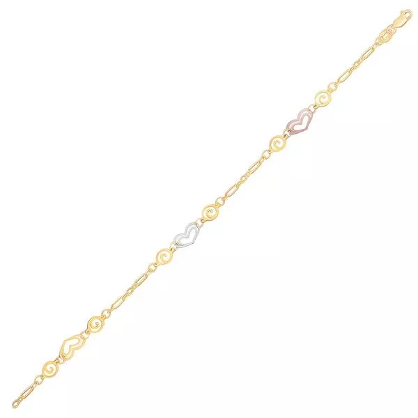 14k Tri-Color Gold Anklet with Multi Color Heart Stations