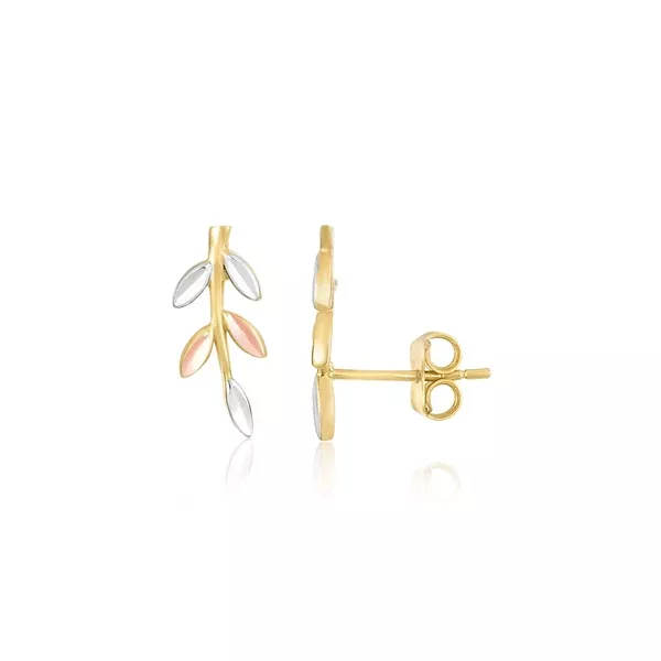 14k Tri-Color Gold Sprig Climber Style Stud Earrings