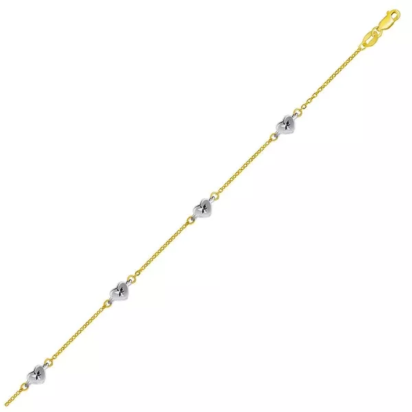 14k Two Tone Gold Anklet with Diamond Cut Heart Style Stations