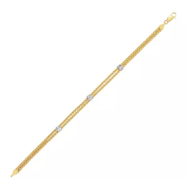 14k Two-Tone Gold Dual Wheat Chain Bracelet with Diamond Stations (3.75 mm)