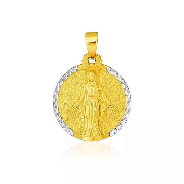 14k Two Tone Gold Round Religious Medal Pendant