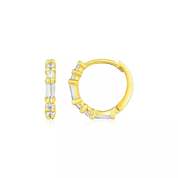 14k Yellow Gold Petite Hoop Earrings with Baguette Cubic Zirconias