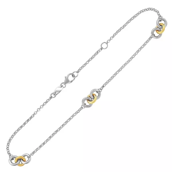 14k Yellow Gold and Sterling Silver Triple Ring Stationed Anklet