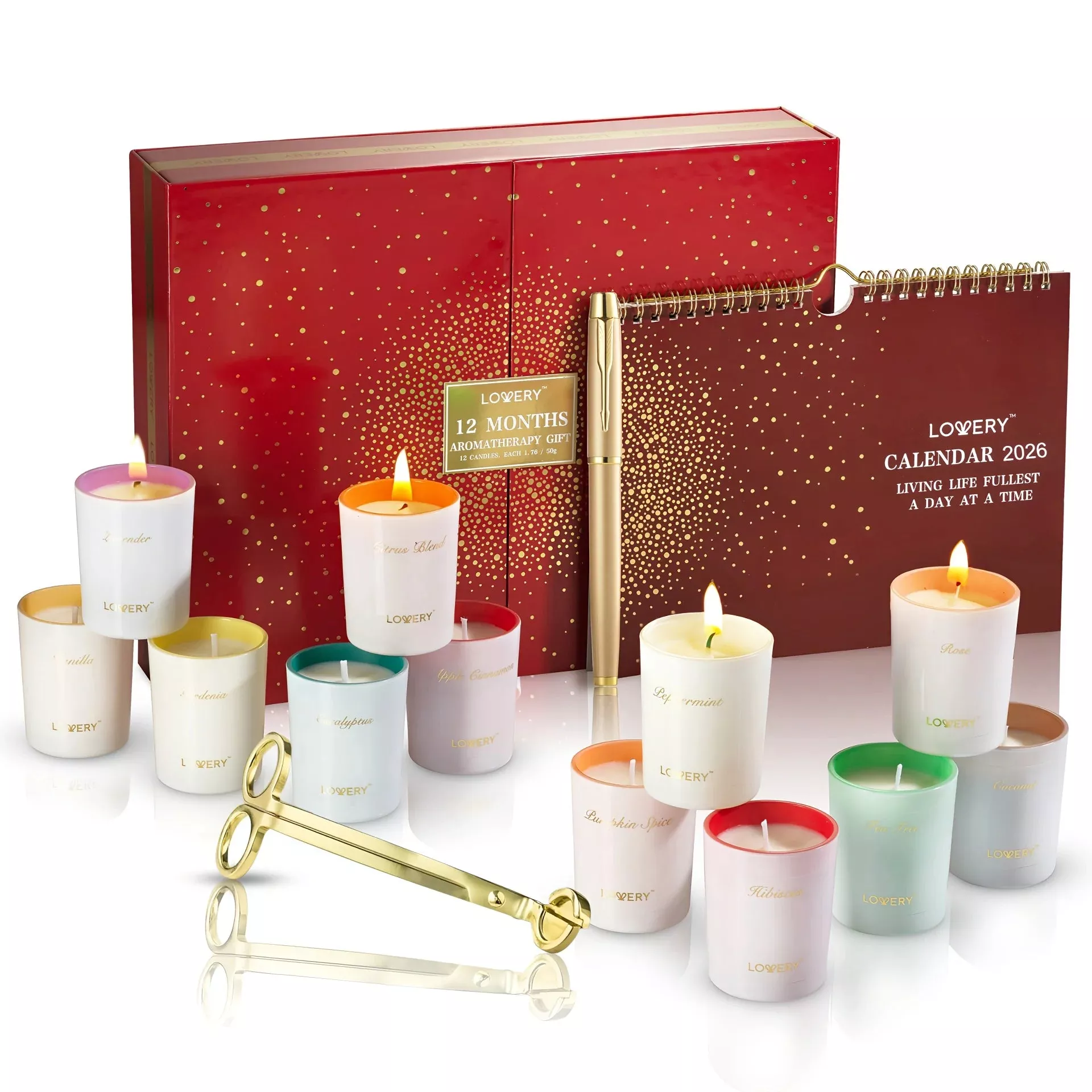 2025 Advent Calendar Candle Gifts - 12pc Aromatherapy Scented Candles, Pen, Wick Trimmer & Calendar