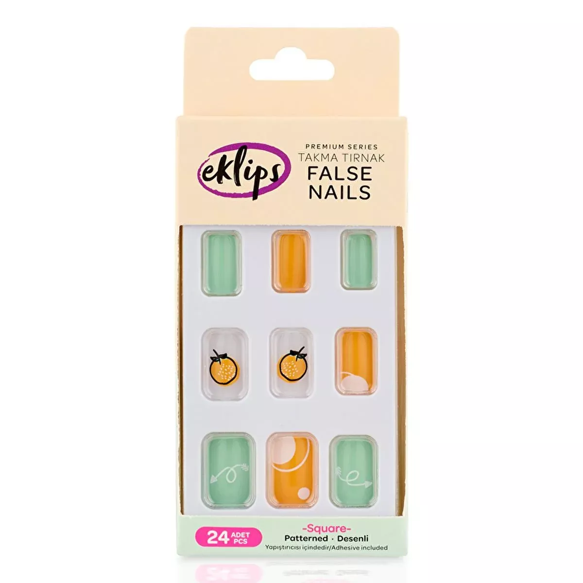 Eklips Orange-Green Orange Pattern Fake Nails - Easy DIY Nail Kit for Salon-Quality Look at Home