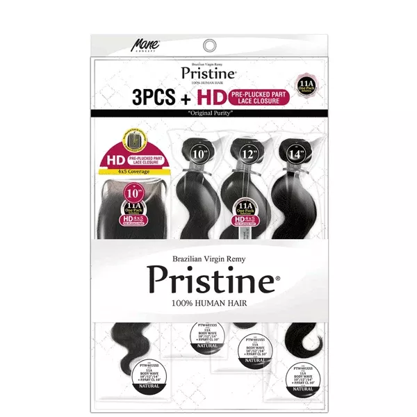 Mane Concept Pristine PTW401S 11A Body Wave 14''/16''/18''+HDPre-Plucked Part Lace Closure 12''